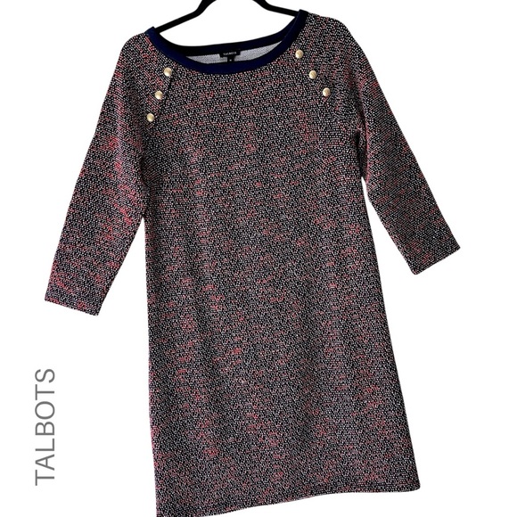 TALBOTS | NWOT TEXTURED TWEED SHIFT DRESS NAVY BLUE & RED 3/4 SLEEVE | MEDIUM - Picture 1 of 9